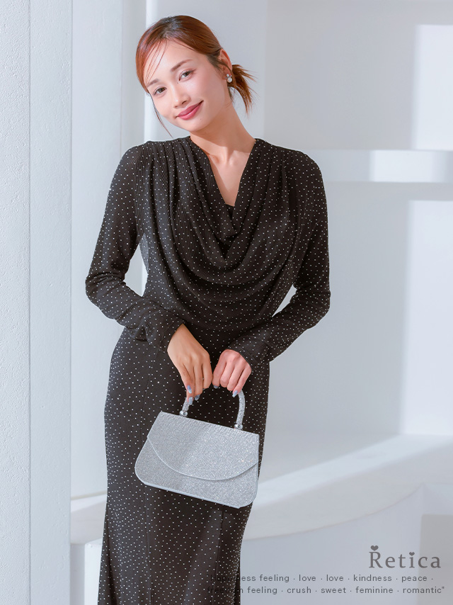 ラインストーン付きドレープロングドレスのイメージ画像1