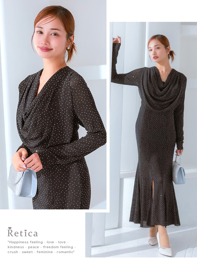 ラインストーン付きドレープロングドレスのイメージ画像2