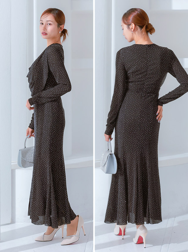 ラインストーン付きドレープロングドレスのサイドバッグ全身