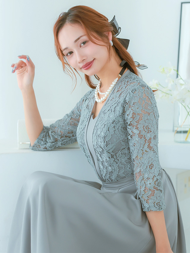 7分袖透けレースAラインシルエットロング丈パーティードレスのイメージ画像3