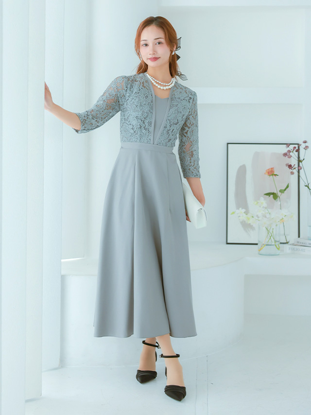 7分袖透けレースAラインシルエットロング丈パーティードレスのフロント全身