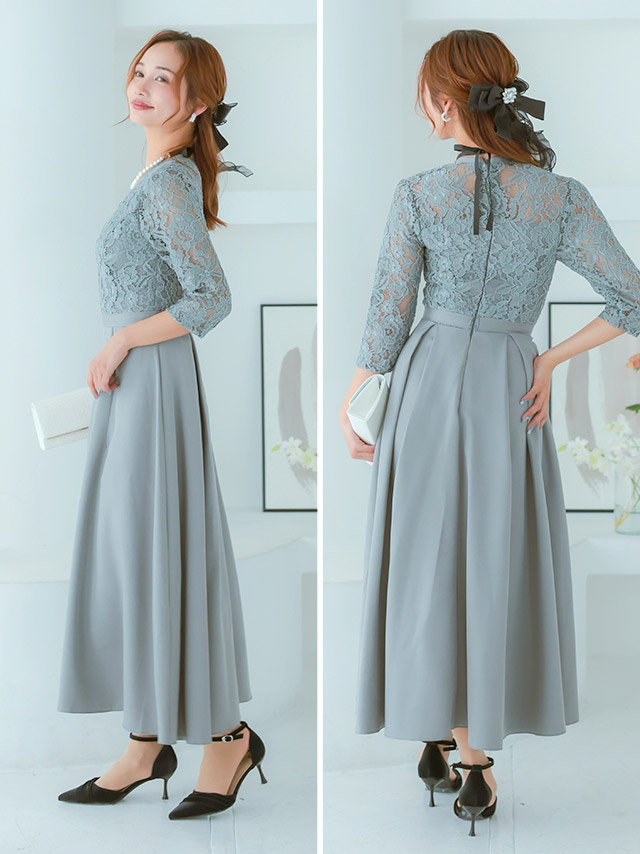 7分袖透けレースAラインシルエットロング丈パーティードレスのサイドバッグ全身