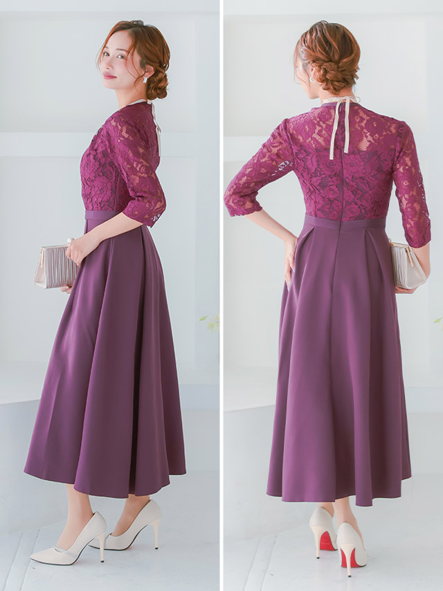 レースボレロ風VネックAラインロング丈ワンピースドレスのサイドバッグ全身