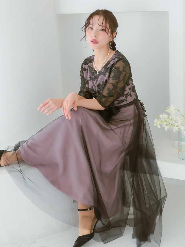 半袖くすみカラーフラワー刺繍レースフレアパーティードレス 結婚式 二次会 発表会のイメージ画像3