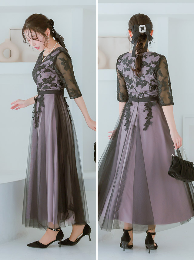 半袖くすみカラーフラワー刺繍レースフレアパーティードレス 結婚式 二次会 発表会のサイドバッグ全身