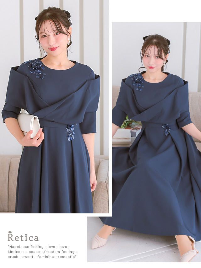 スパンコール花刺繍立体スリーブAラインパーティードレス 結婚式 二次会のイメージ画像2