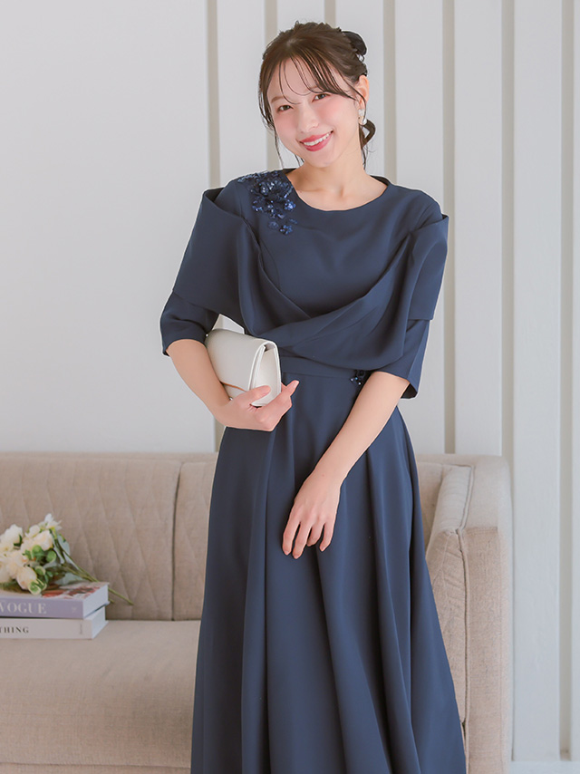 スパンコール花刺繍立体スリーブAラインパーティードレス 結婚式 二次会のイメージ画像3