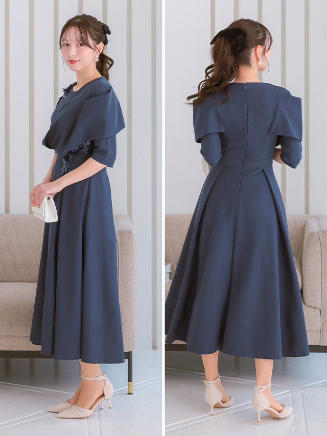 スパンコール花刺繍立体スリーブAラインパーティードレス 結婚式 二次会のサイドバッグ全身