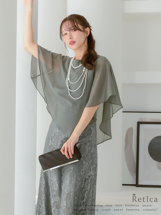 2ピース風シフォンケープ総レースロング丈パーティードレスのイメージ画像1