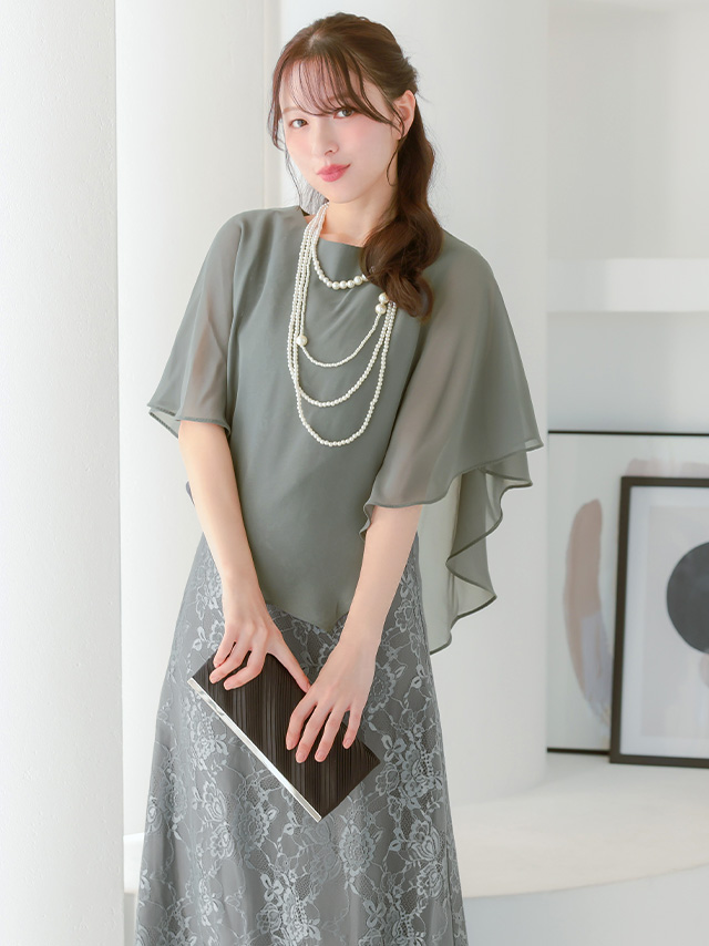 2ピース風シフォンケープ総レースロング丈パーティードレスのイメージ画像3