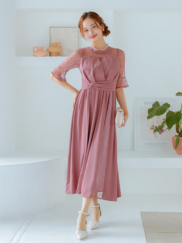 レースハイネックビスチェ風トップスパーティードレス のフロント全身