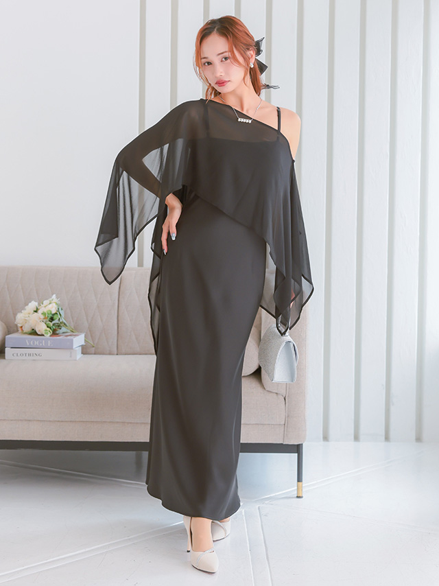 シアーケープ×サテンマーメイドキャミワンピース訳ありセットアップパーティードレスのフロント画像