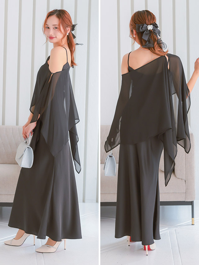 シアーケープ×サテンマーメイドキャミワンピース訳ありセットアップパーティードレスのサイドバック画像