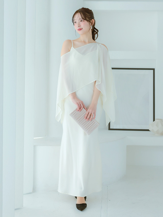 カシュクールデザインハイウエスト切り替えパーティードレスのフロント画像