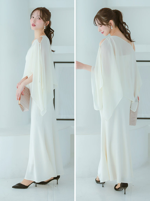 カシュクールデザインハイウエスト切り替えパーティードレスのサイドバック画像