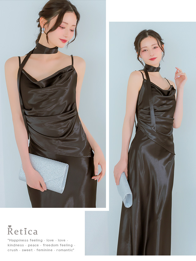 ボウタイ付きサテン生地ドレープロングワンピースドレスのイメージ画像2