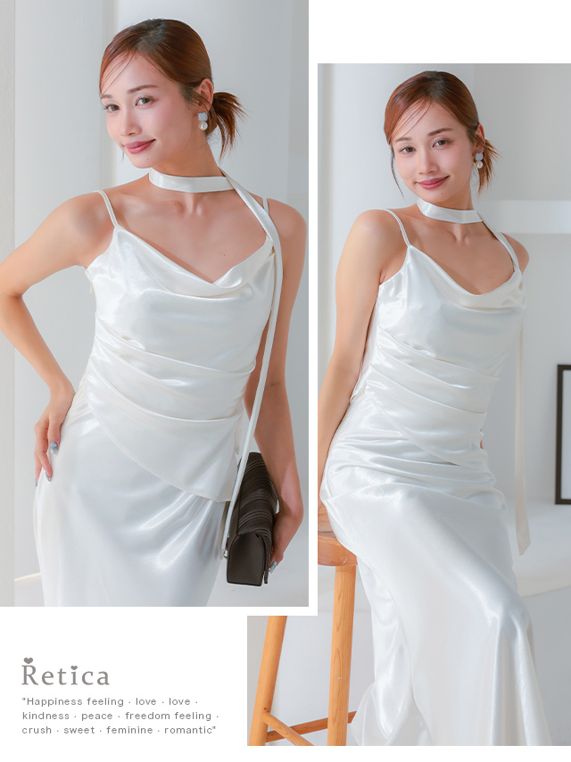 ボウタイ付きドレープデザインサテン生地ロング丈パーティードレスのイメージ画像2