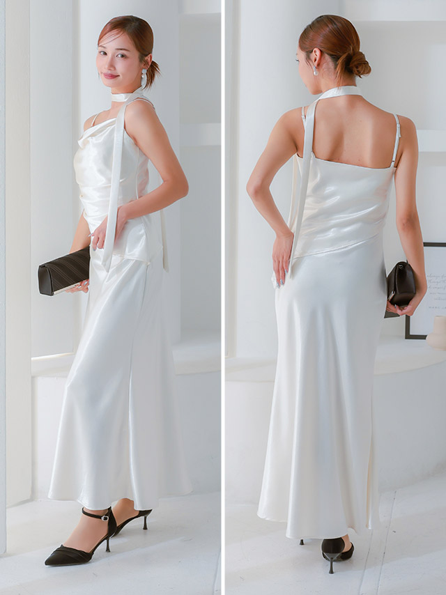 ボウタイ付きドレープデザインサテン生地ロング丈パーティードレスのサイドバッグ全身
