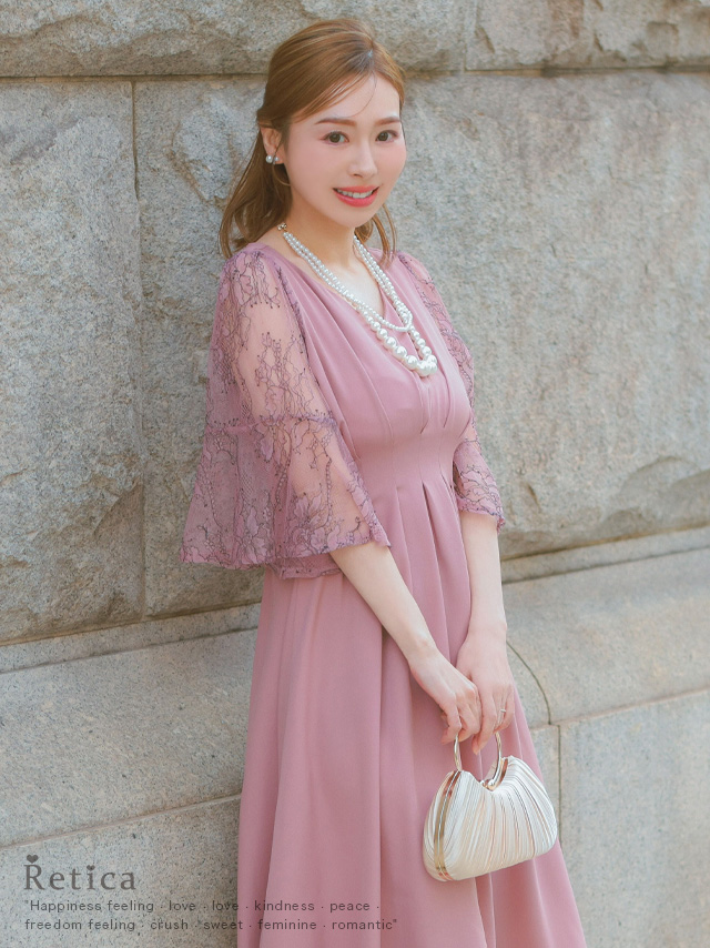 五部袖レースXラインフレアワンピースパーティードレス 結婚式のイメージ画像1