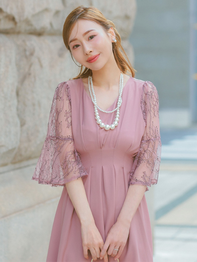 五部袖レースXラインフレアワンピースパーティードレス 結婚式のイメージ画像3