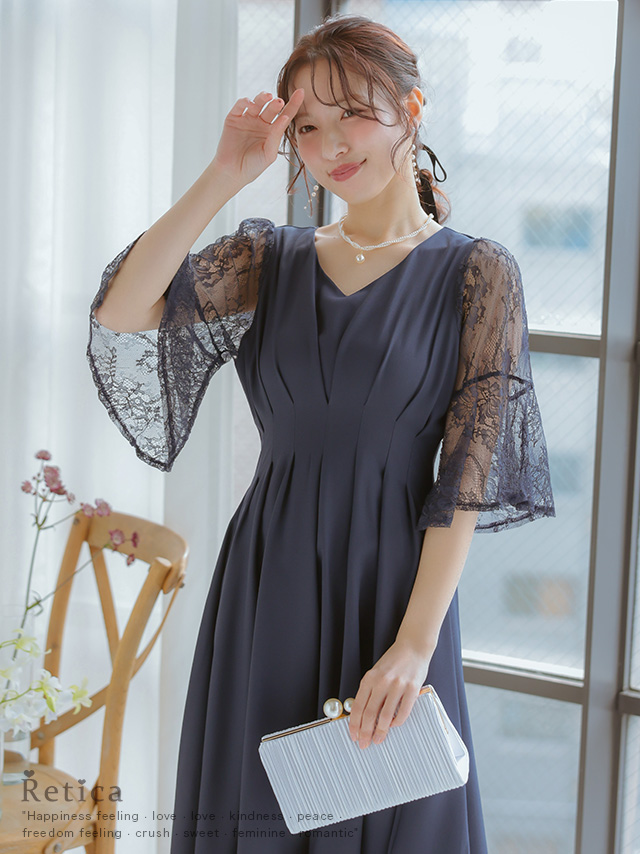 レースフレア半袖タックウエストマークVネックパーティードレス 結婚式 二次会のイメージ画像1