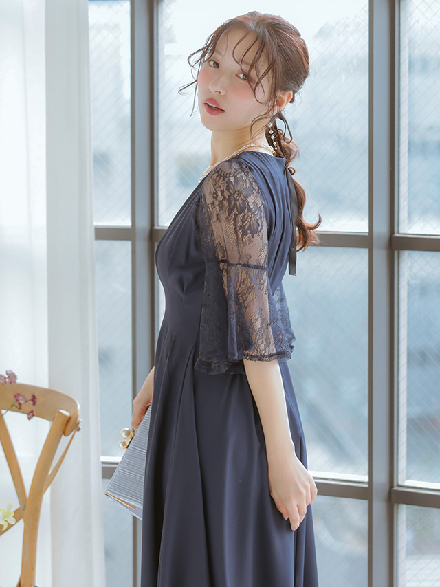 レースフレア半袖タックウエストマークVネックパーティードレス 結婚式 二次会のイメージ画像3