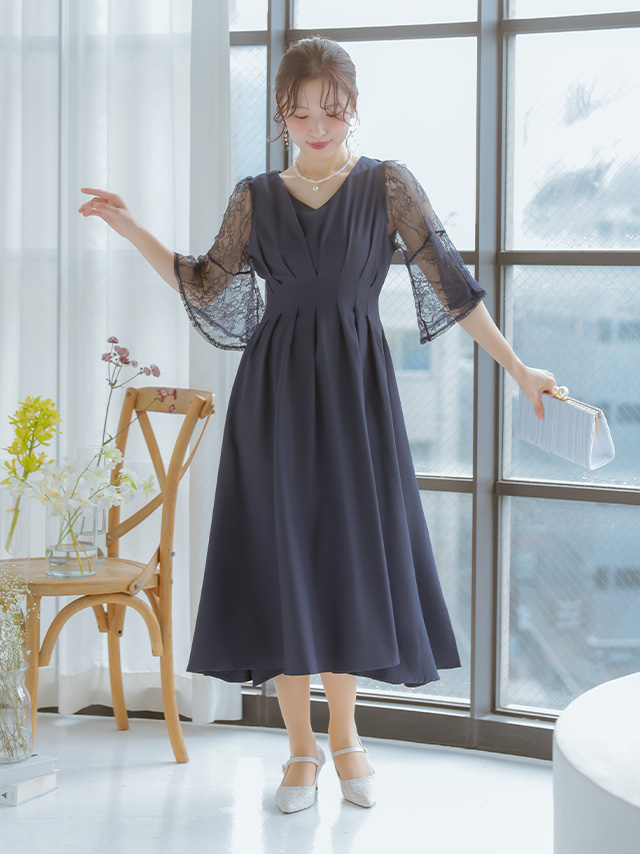 レースフレア半袖タックウエストマークVネックパーティードレス 結婚式 二次会のサイドバッグ全身