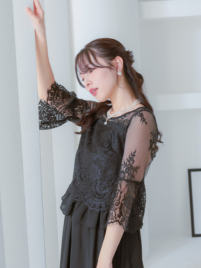 ウエストフリル付き総レース七分袖シフォンワンピースパーティードレスのイメージ画像3