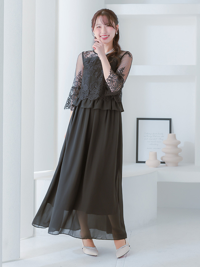 カシュクールデザインハイウエスト切り替えパーティードレスのフロント画像