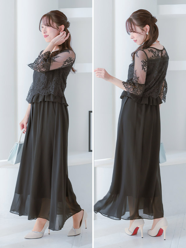 カシュクールデザインハイウエスト切り替えパーティードレスのサイドバック画像