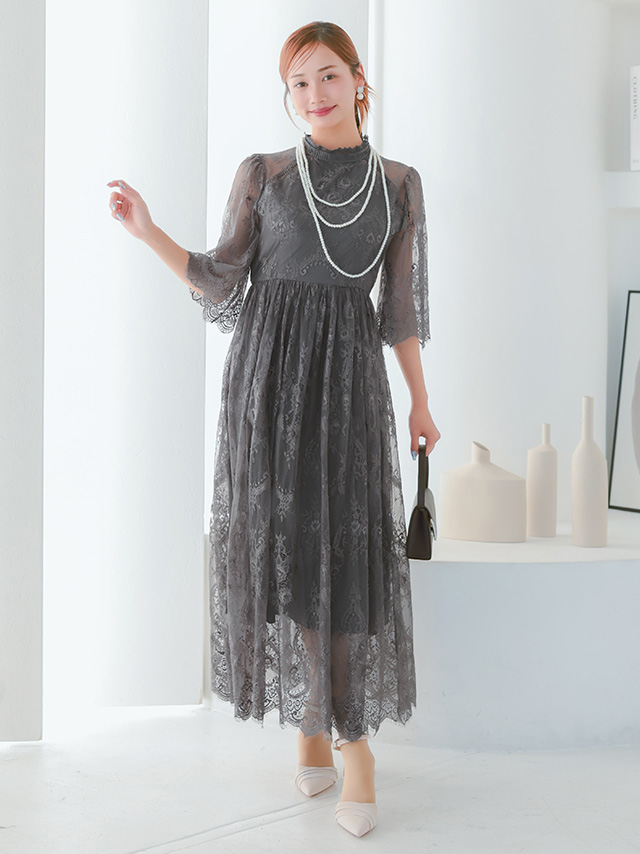 カシュクールデザインハイウエスト切り替えパーティードレスのフロント画像