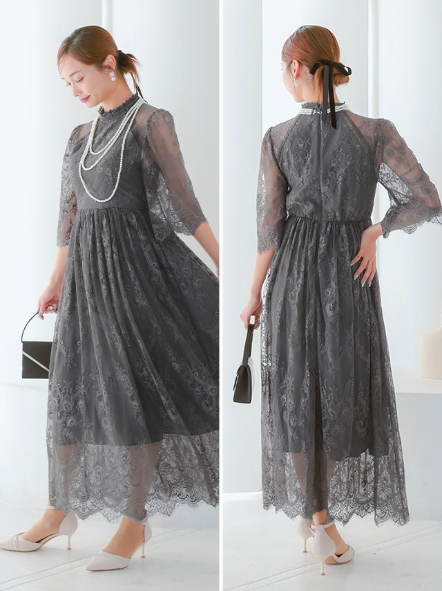 カシュクールデザインハイウエスト切り替えパーティードレスのサイドバック画像