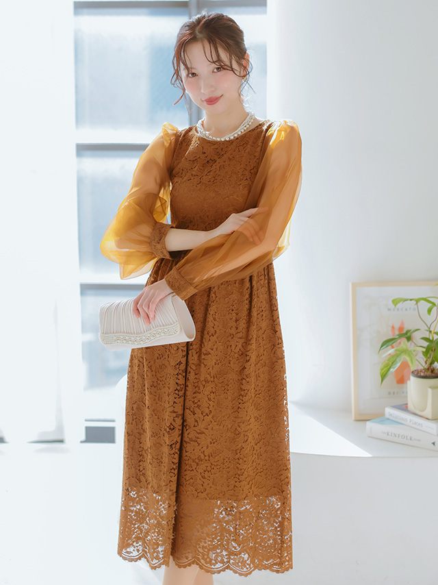 シフォンスリーブ 総レース 長袖 ロングワンピース フレアドレス 結婚式 二次会のイメージ画像3
