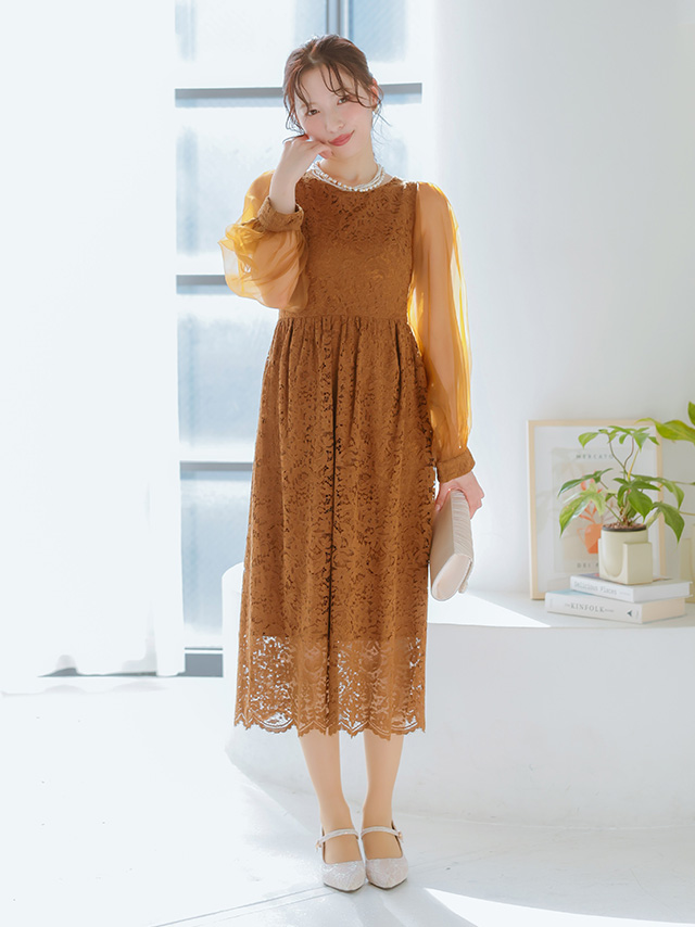 シフォンスリーブ 総レース 長袖 ロングワンピース フレアドレス 結婚式 二次会のフロント全身