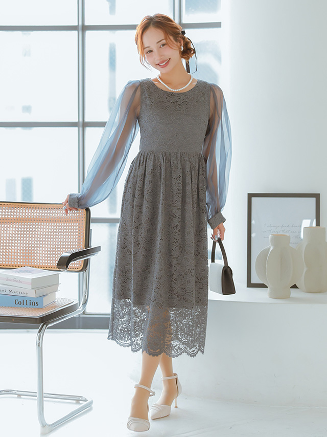 透け感長袖シフォンパフスリーブ総レースフレアミモレ丈パーティードレス 結婚式 二次会のフロント全身