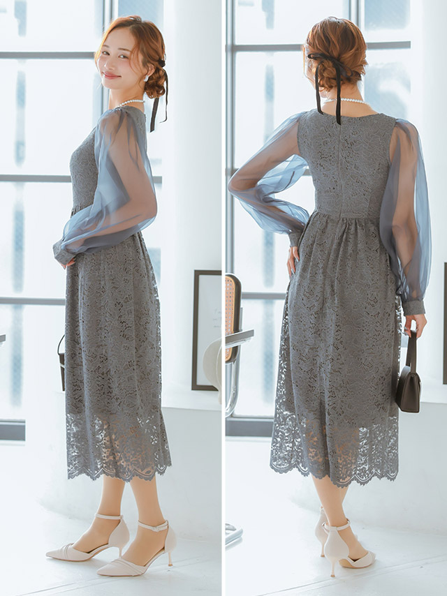 透け感長袖シフォンパフスリーブ総レースフレアミモレ丈パーティードレス 結婚式 二次会のサイドバッグ全身