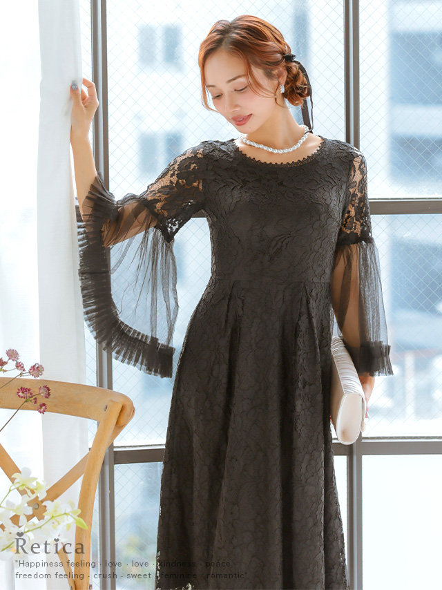 長袖透け感チュールベルスリーブフレアレースパーティードレス 結婚式 二次会のイメージ画像1