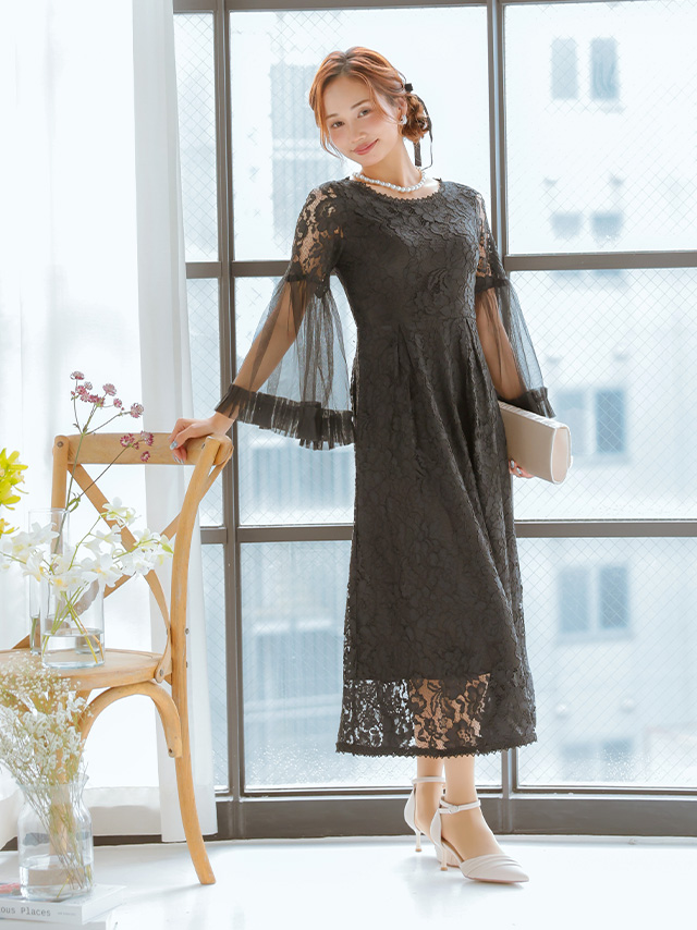 長袖透け感チュールベルスリーブフレアレースパーティードレス 結婚式 二次会のイメージ画像3