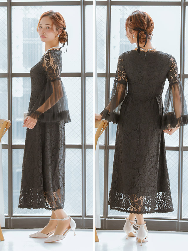 長袖透け感チュールベルスリーブフレアレースパーティードレス 結婚式 二次会のサイドバッグ全身