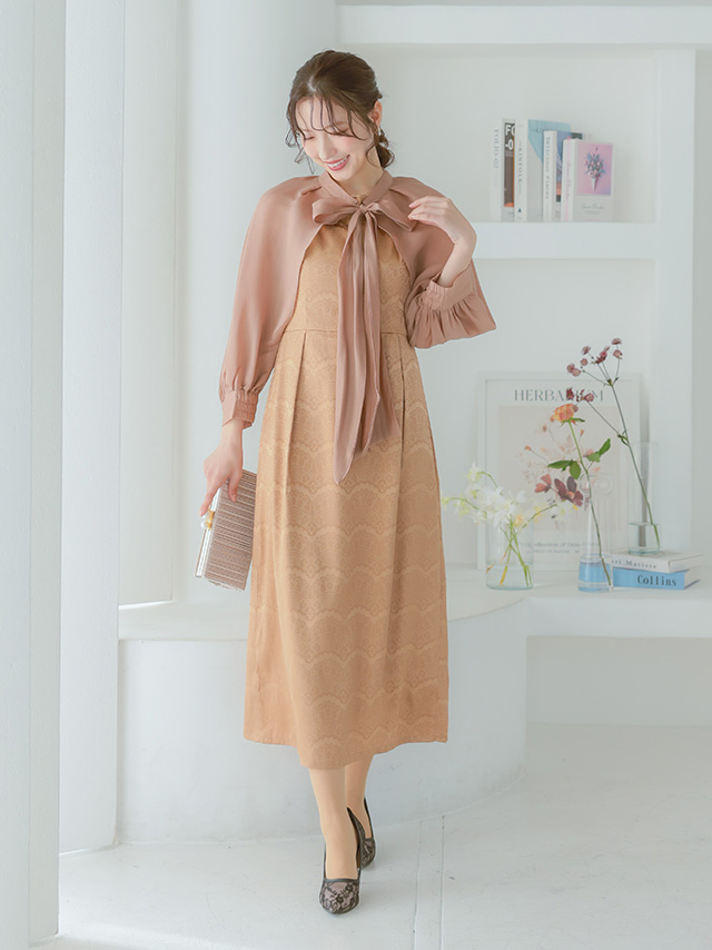 カシュクールデザインハイウエスト切り替えパーティードレスのフロント画像