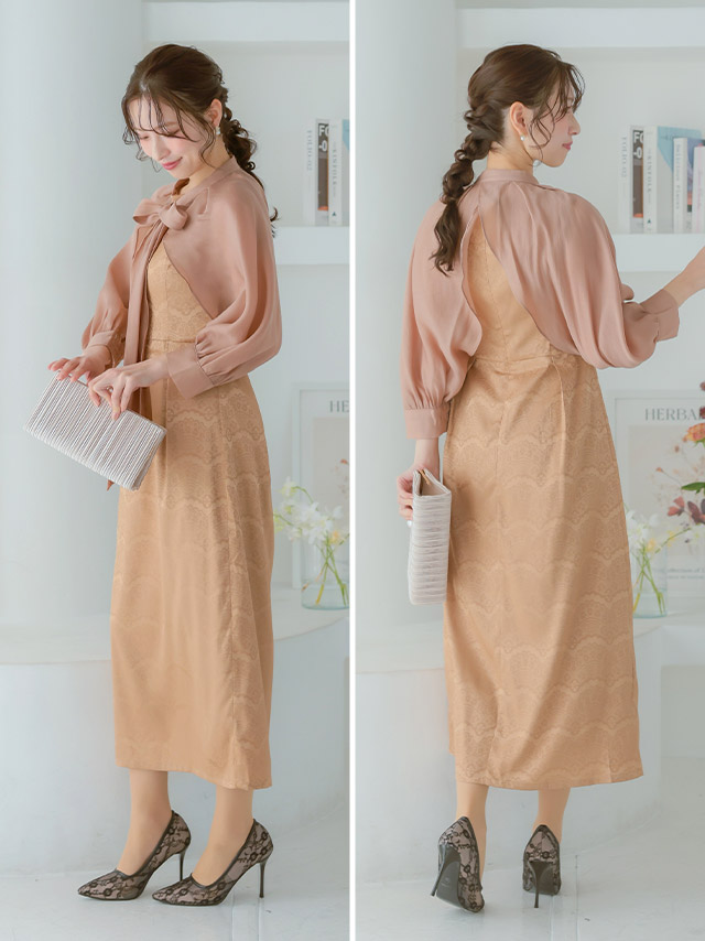 カシュクールデザインハイウエスト切り替えパーティードレスのサイドバック画像