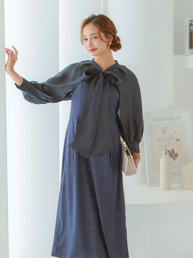 長袖リボンボレロレース模様Aラインシルエットロング丈2ピースパーティードレス 結婚式のイメージ画像3