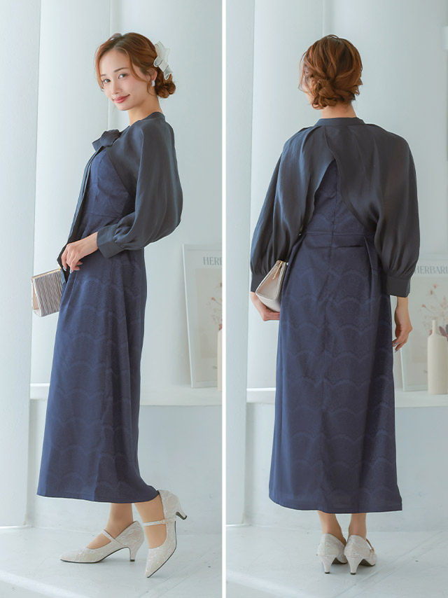 長袖リボンボレロレース模様Aラインシルエットロング丈2ピースパーティードレス 結婚式のサイドバッグ全身