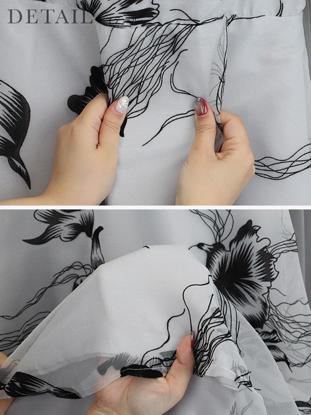 モノトーンフラワーシアーボリュームスリーブフレアパーティードレスの商品詳細2