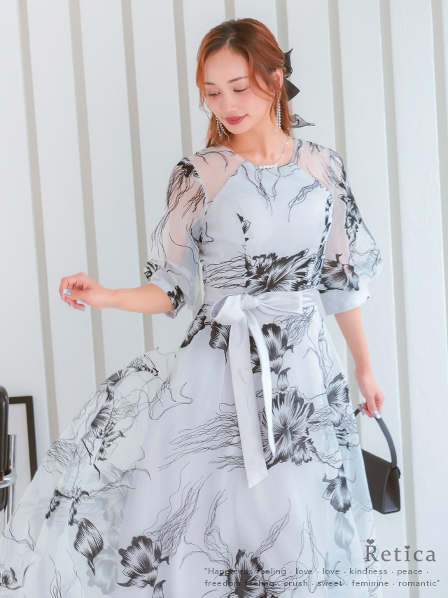 モノトーンフラワーシアーボリュームスリーブフレアパーティードレスのイメージ画像1