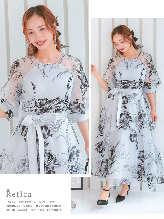 モノトーンフラワーシアーボリュームスリーブフレアパーティードレスのイメージ画像2