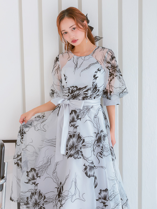 モノトーンフラワーシアーボリュームスリーブフレアパーティードレスのイメージ画像4