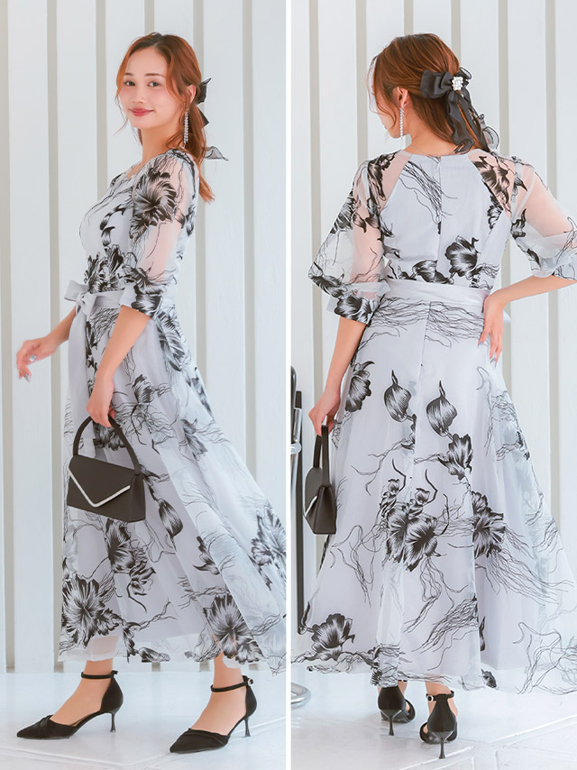 モノトーンフラワーシアーボリュームスリーブフレアパーティードレスのサイドバッグ全身