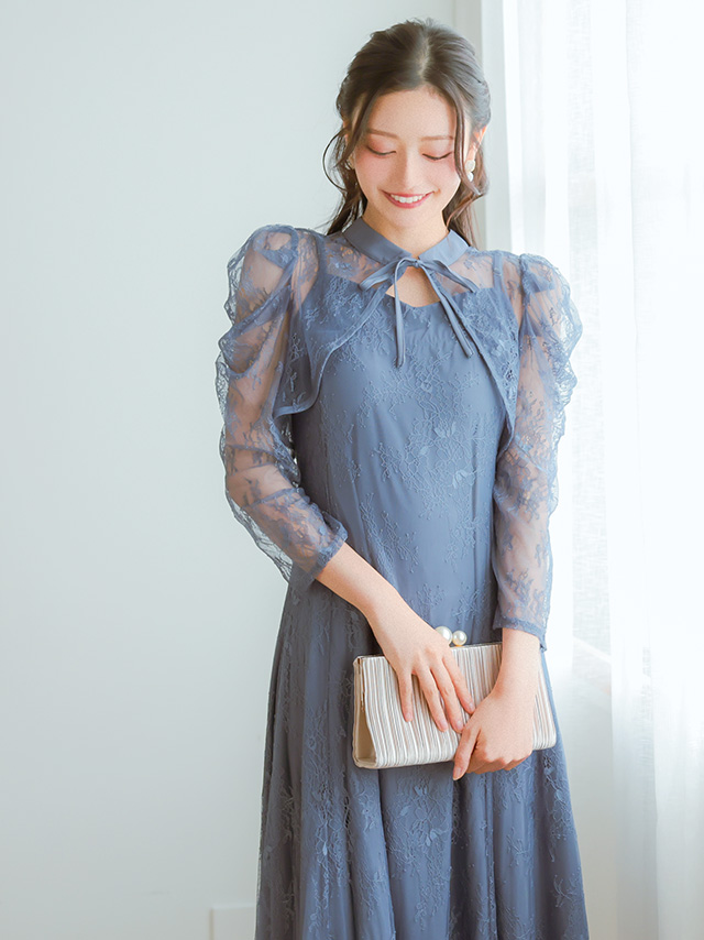 長袖パフスリーブレースボレロセットキャミワンピースドレスのイメージ画像3