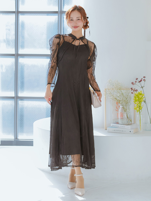 カシュクールデザインハイウエスト切り替えパーティードレスのフロント画像